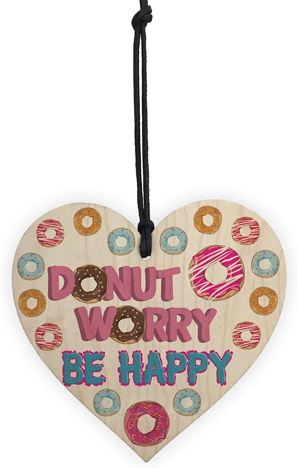 Red Ocean Donut Worry Be Happy Wooden Hanging Heart Funny Friendship Gift from B&Q