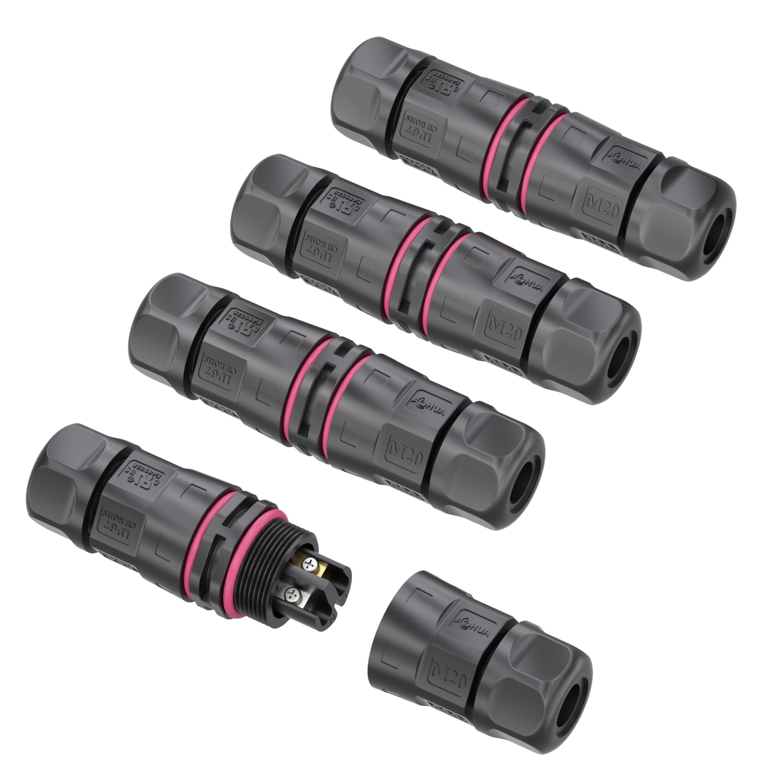 AOHUA 4-Pack Waterproof Junction Box, M20 2-Pin IP68 Outdoor Electrical Wire Connector for Ø5.5-9.5mm Cables (500V/20A), for Underground, Garden Lighting & Landscape Wiring, UL/CE/SAA/RoHs Certified