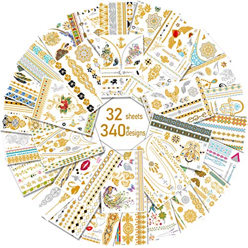 Aresvns Gold Tattoo Metallic 32 Sheets,Over 340+ Flash Temporary Tattoos For Women Teens Girls Kids,Waterproof Flash Henna Tattoos,Glitter Jewelry Tattoos Christmas Gift #TOP16