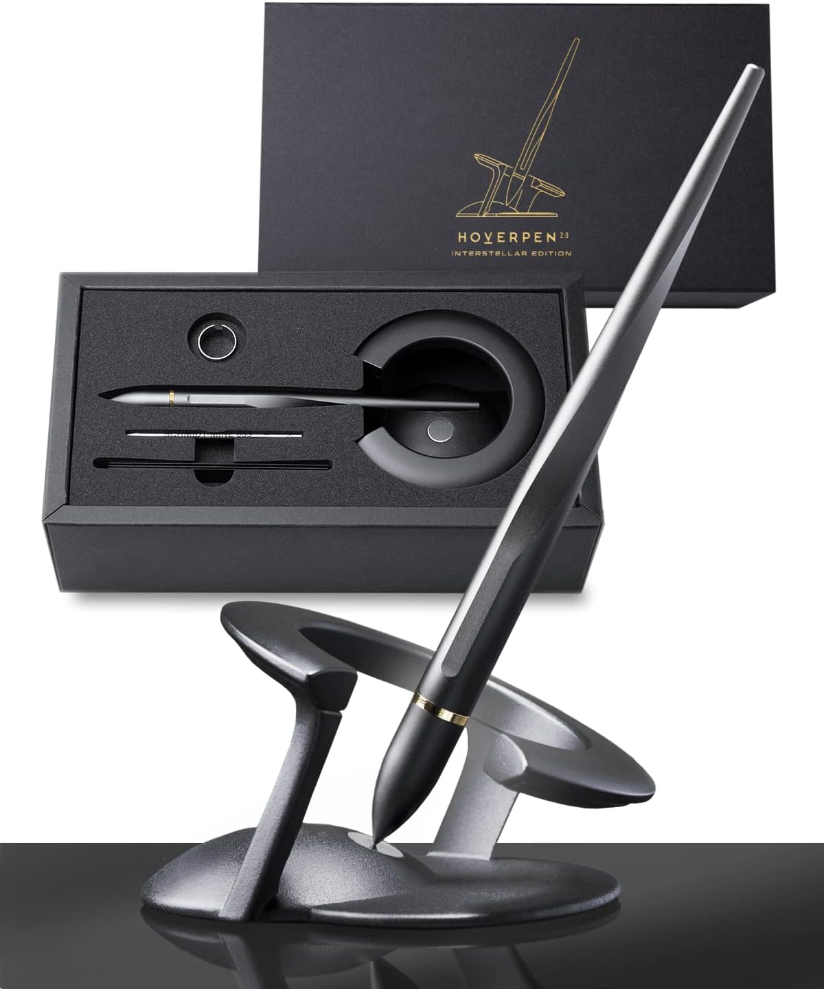 Hoverpen Interstellar Edition - Futuristic Luxury Pen Made With Aerospace Alloys, Unique Aesthetic, Free Spinning Executive Pen, Gifts for Men & Women (Space Black, 18K-Gold Plated)