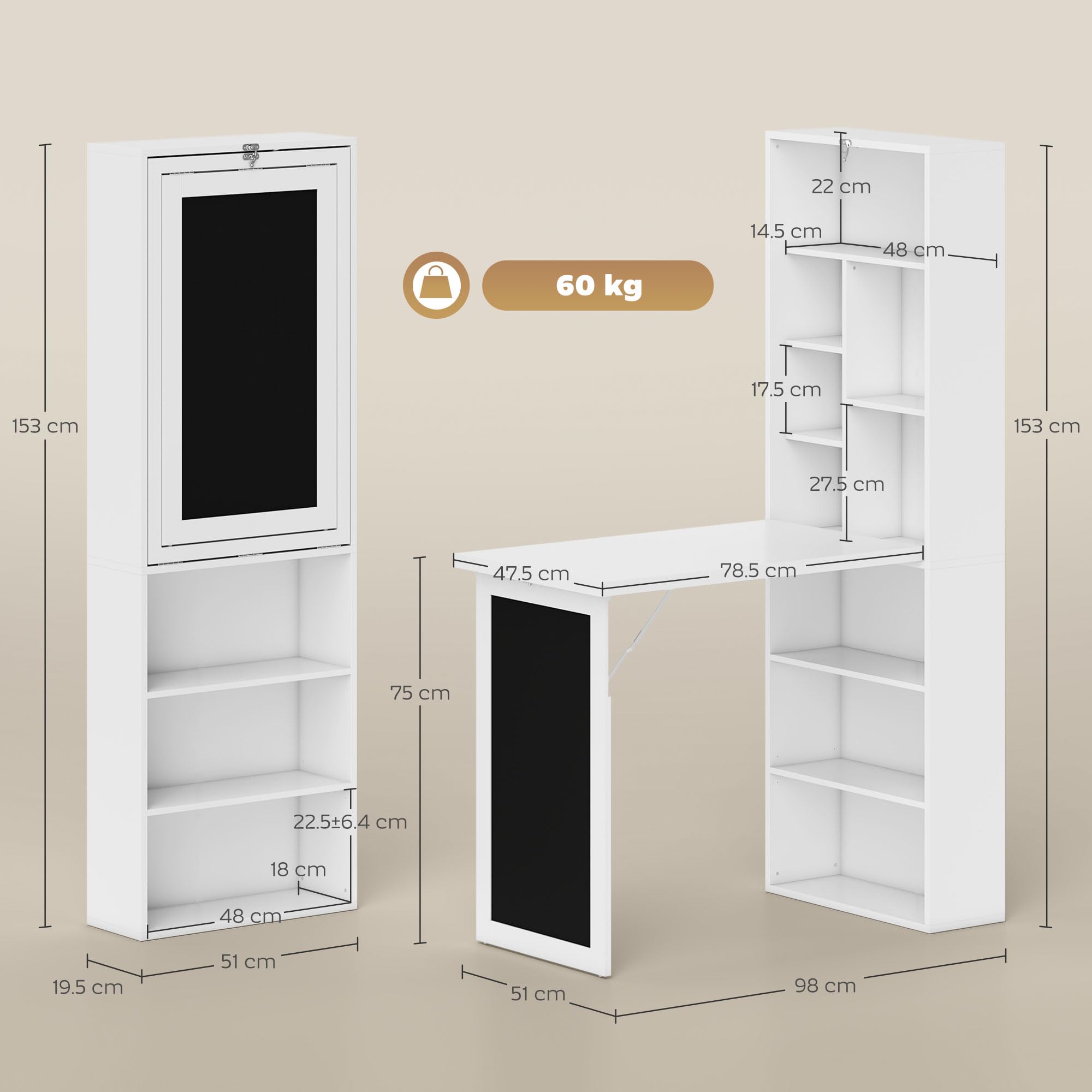 HOMCOM Scrivania con Libreria e Lavagna, Scrivania Salvaspazio con Piano Pieghevole in Legno di Pino, Tavolo da Lavoro con Ripiani Regolabili, per Cameretta, Studio, Ufficio, 98x51x153 cm, Bianco