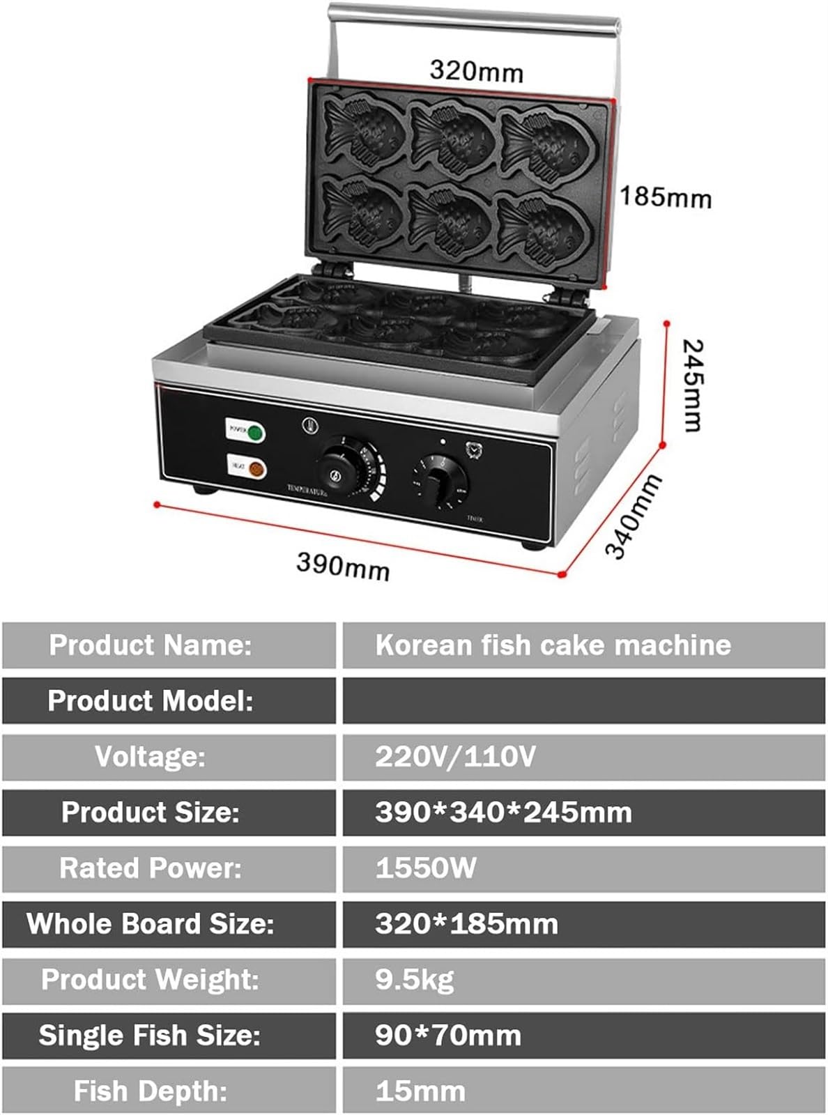 Piastra per waffle professionale a forma di pesce, antiaderente, per waffle belgi, facile da pulire, con controllo della temperatura regolabile, design compatto in acciaio inossida,