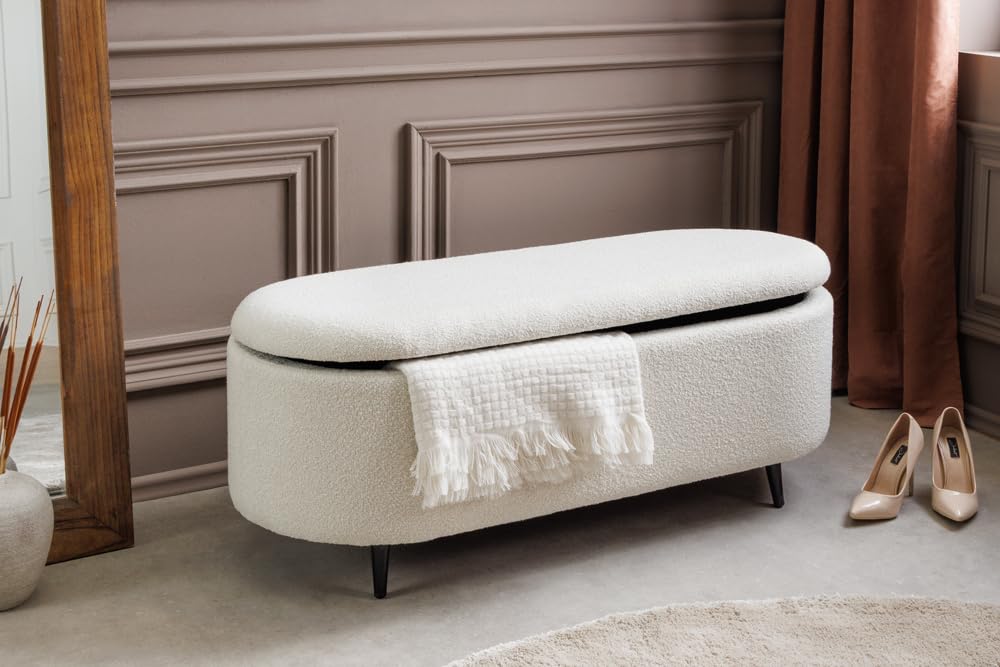 Riess Ambiente Scandinavische Polsterbank Vogue 110cm - weiß - Bouclé schwarz Sitzbank mit Stauraum modern Flur Schlafzimmer