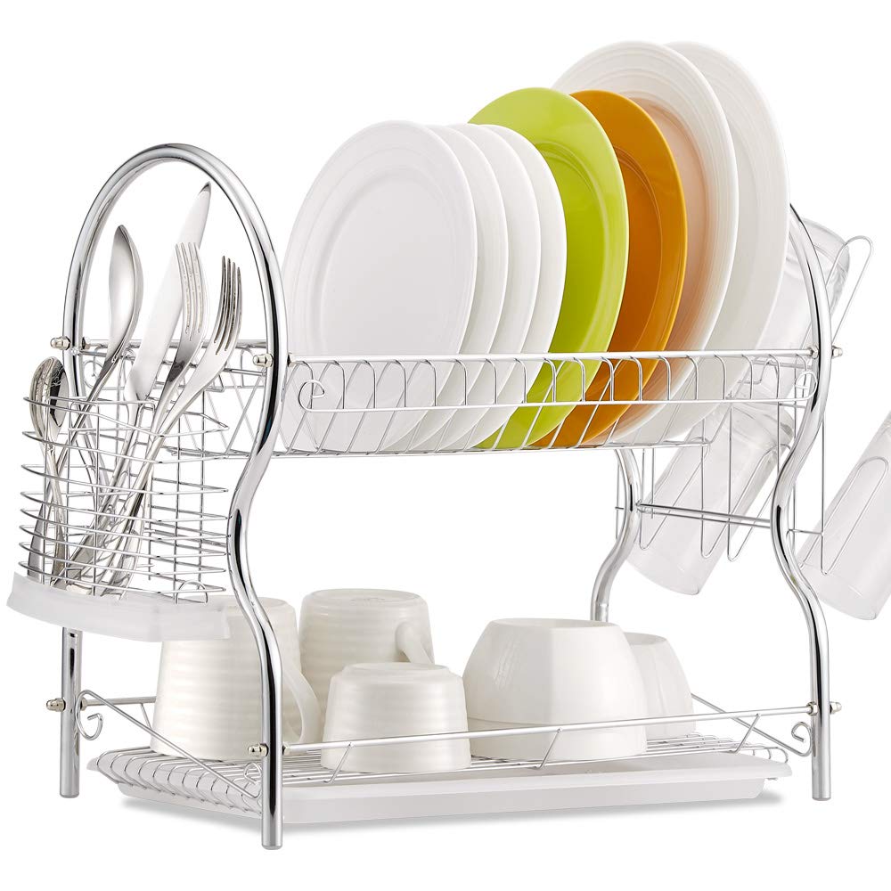 ALHAKIN Drying Rack - 2-Tier Chrome Kitchen Drainer Rack Organizer with Drain Board ALHAKIN