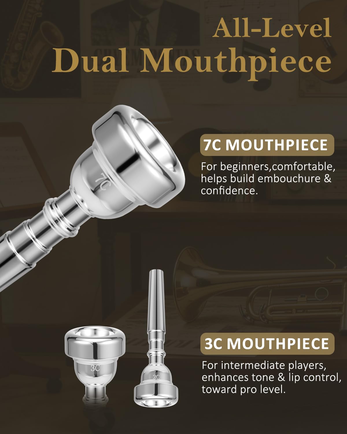 STRICH Bb Standard-Trompeten-Set für Anfänger, Blechblasinstrument für Schüler mit Hartschalenkoffer, Reinigungsset, Mundstücken 7C und 3C, Handschuhen – STR-1G, Gold