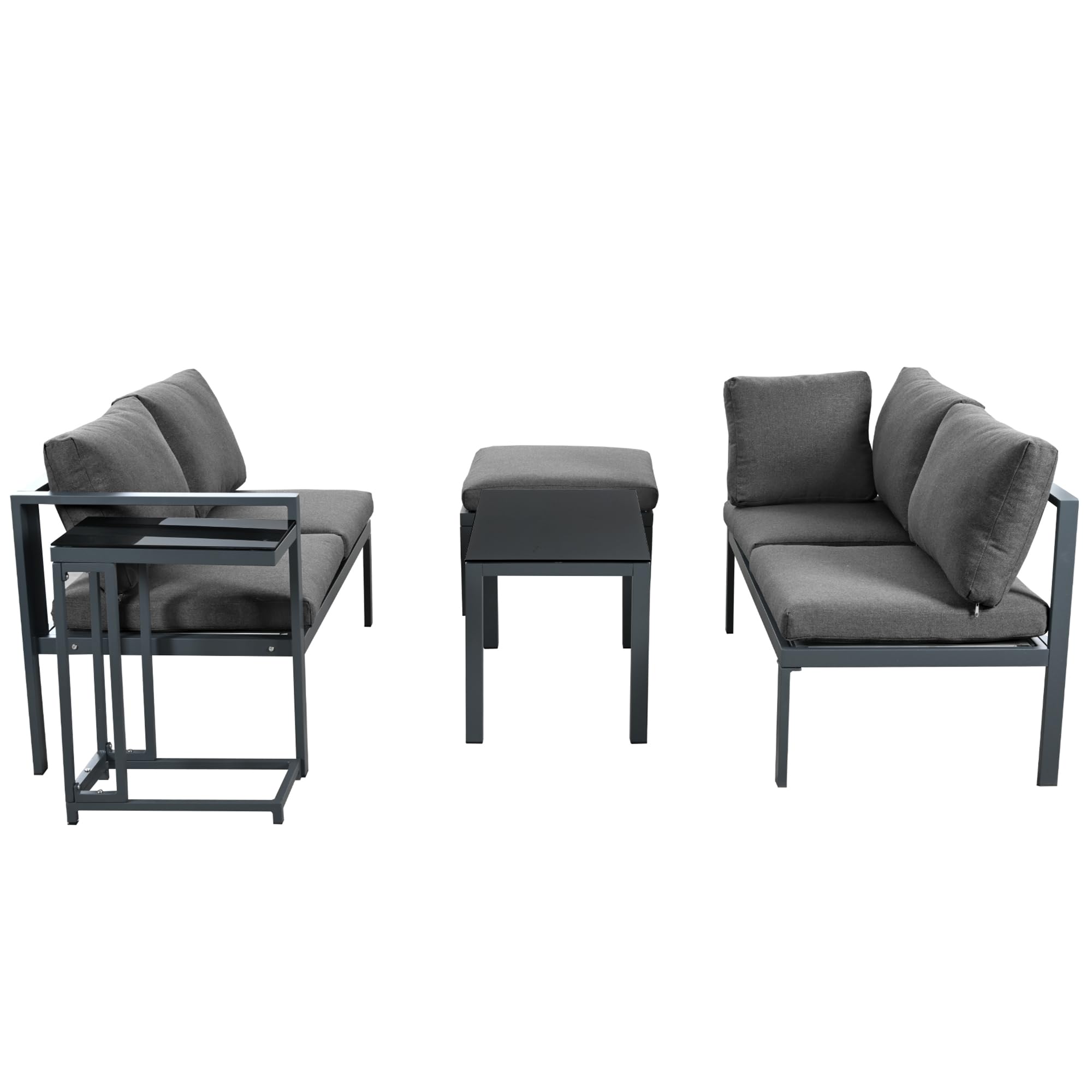 Set di 5 mobili da giardino da balcone per 4 – 5, per esterni, con 2 divani doppii, 1 sgabello e 2 tavoli, salone ad angolo, resistente alle intemperie, divano lounge in ferro zincato, grigio