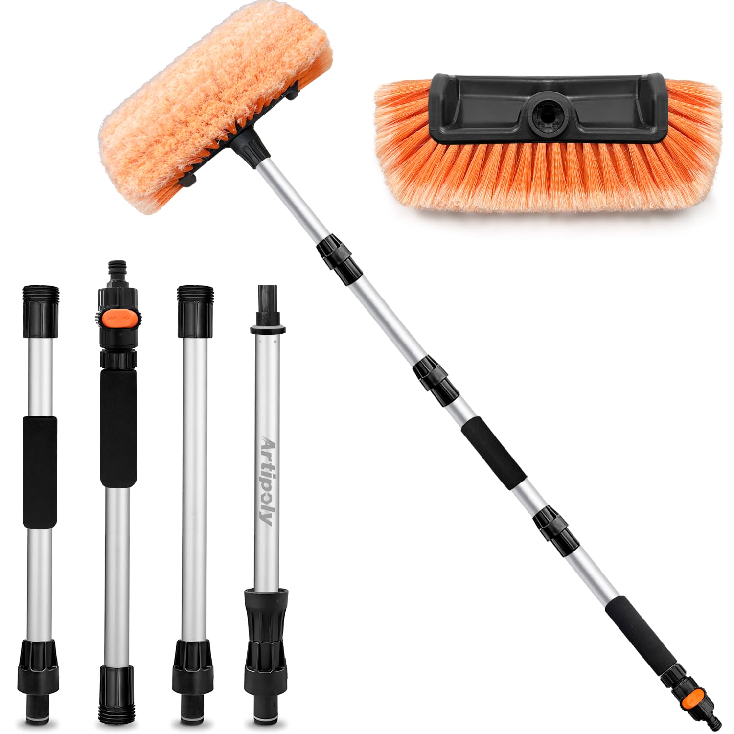 ARTIPOLY Brosse de lavage de voiture à long manche 165 cm | Poignée extensible, fixation de tuyau, anti-rayures, poils doux, idéal pour voiture, camping-car, panneaux solaires