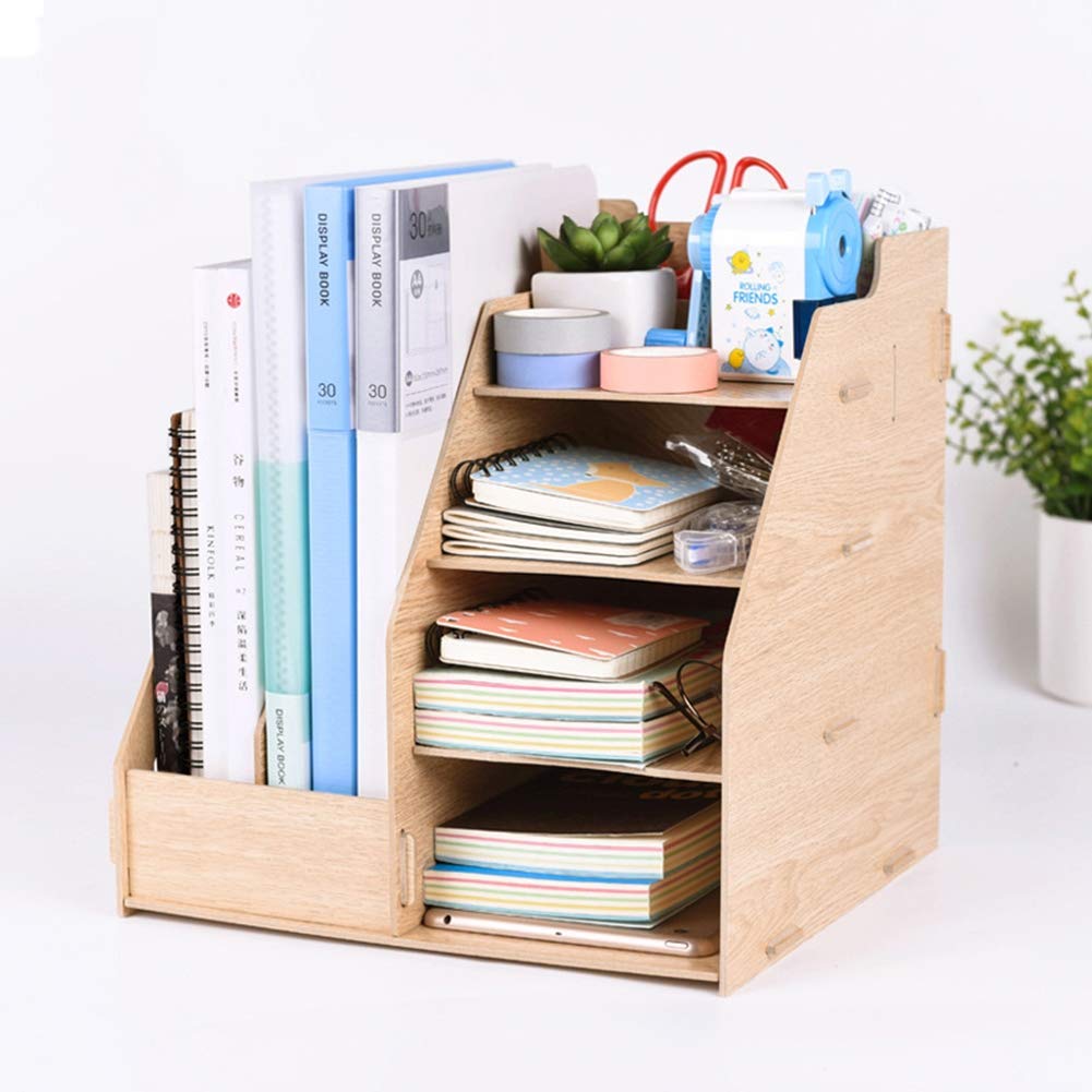 Organisateur de bureau en bois, planche 4 + 2 compartiments, mallette creuse pour livres, magazines, porte-revues, pot à crayons, bureau multifonctionnel pour la maison, étagère de rangement DIY