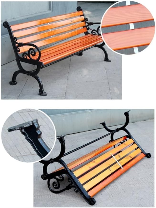 Heavy-Duty Outdoor Benchs Park Outdoor Benches Solid Wood Chair Backrests Chairs Courtyard Wrought Iron Slatted Seat for Park, Yard & Porch(Khaki)
