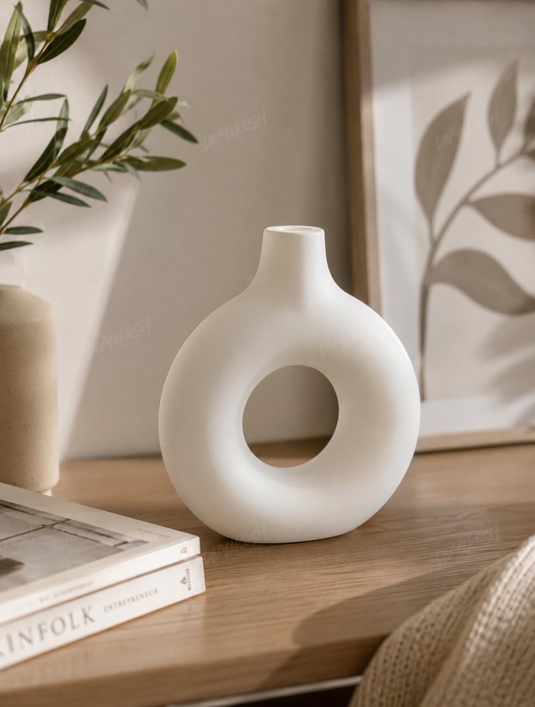 Divyakosh White Donut Vase for Home Decor | Modern Geometric Flower Vase' (VASE' ONLY) for Center Table, Home Decoration Items for Living Room, Aesthetic Home Décor | 9 Inch-picture-39