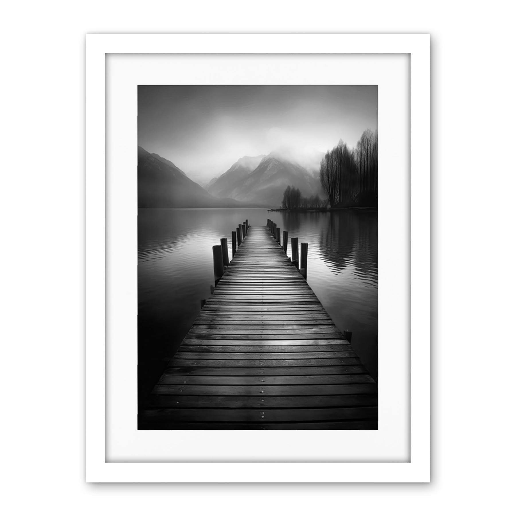 Artery8 Lake Pier Mountain Landscape Black and White Photo Artwork Framed Wall Art Print 18X24 Inch