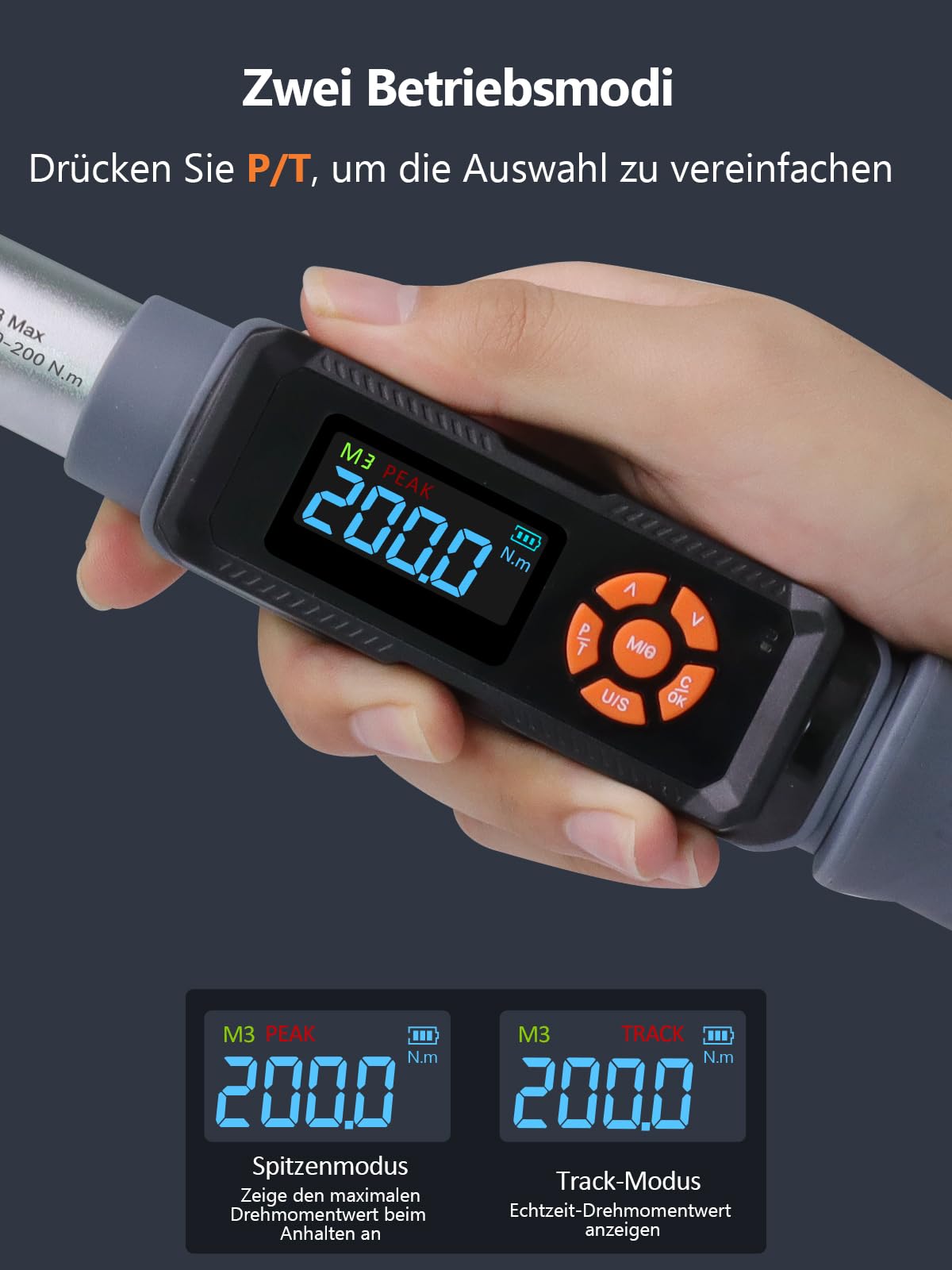10-200Nm Digitaler Drehmomentschlüssel| 1/2" Antrieb 90-Zahn-Ratschen | Vibrations- LED- & Summeralarm | Mit Adapter & Verlängerung