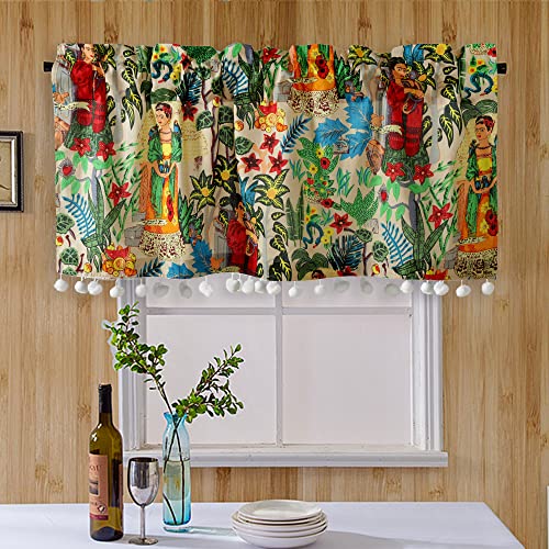 Image of Ravaiyaa - Attitude is everything Hand Printed Half Window Kitchen Curtain 100% Cotton Short Drapery Valance 40 X 18 Inch (Beige Floralsemi Sheer, Rod Pocket)