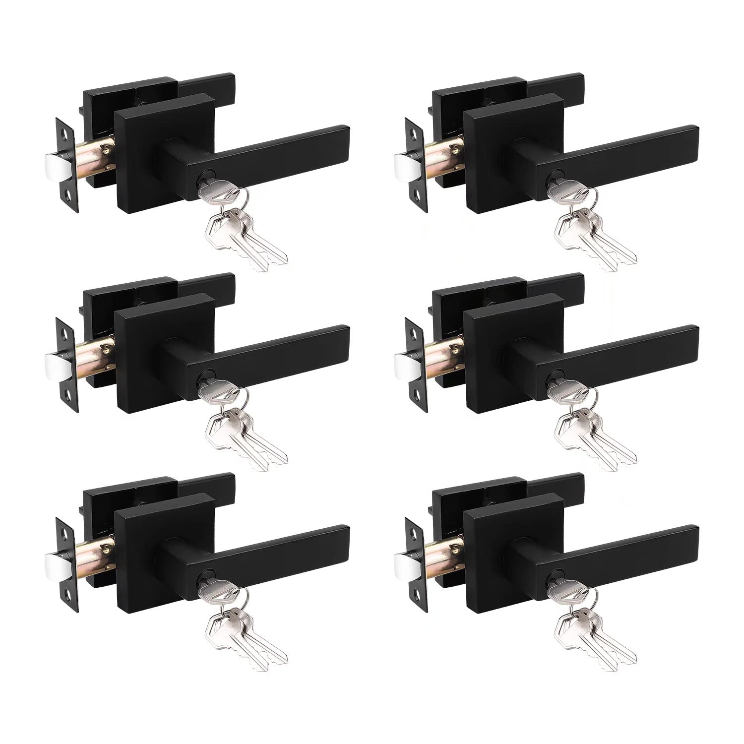 Probrico 6 Pack Entry Door Lever with Lock and Key,Entrance Door Handles for Office and Front Door,Matte Black Door Knobs Keyed Alike Same Key Lockset (Each with 3 Keys)