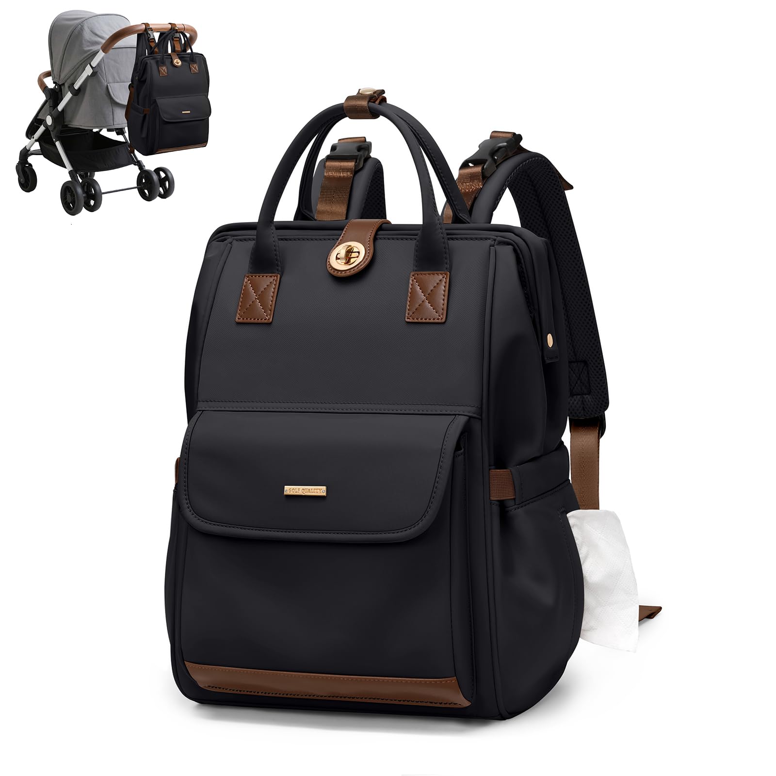 Zaino per pannolini, borsa per pannolini multifunzione resistente all'acqua con gancio, borsa per pannolini da appendere casual per mamma