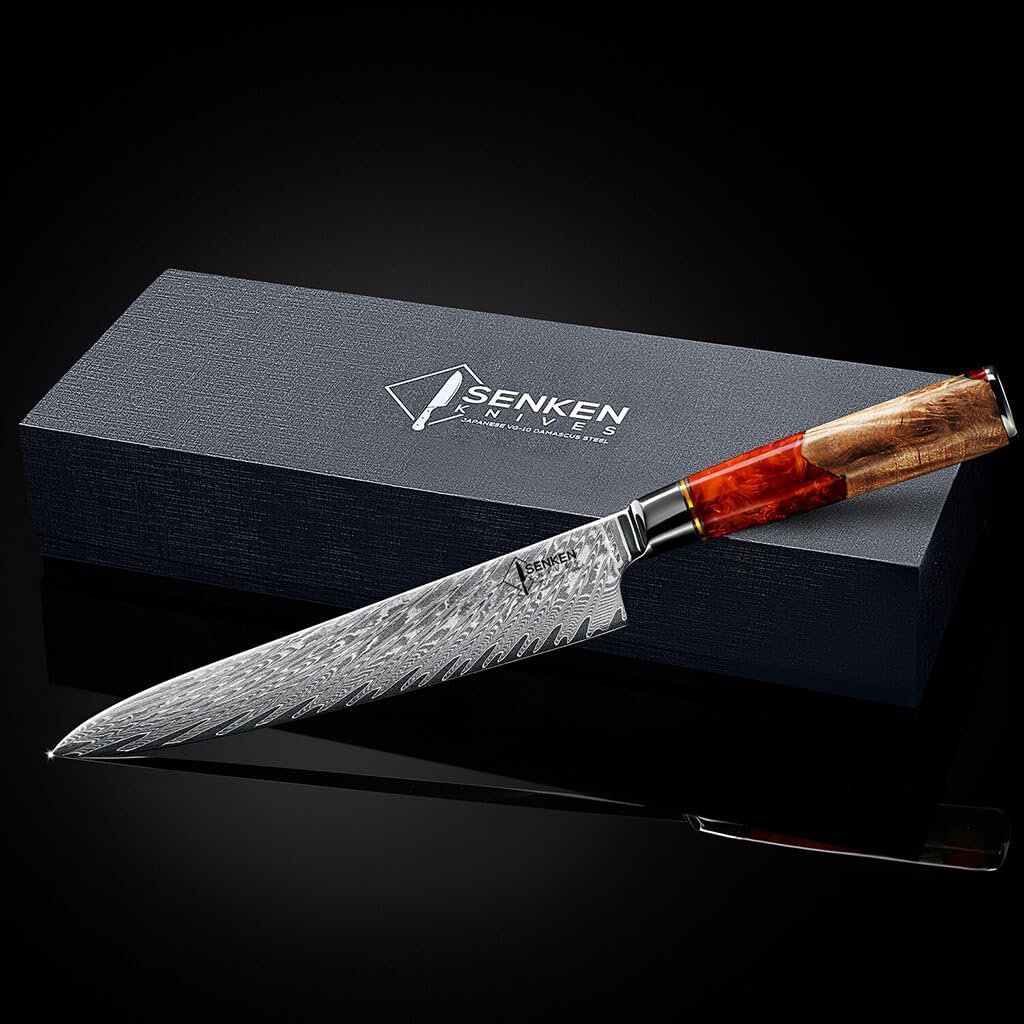 SENKEN Damascus Steel Chef's Knife - Tsunami Collection - 67-Layer Japanese VG10 Steel Core - Unique Blue Resin & Natural Wood Handle, Razor Sharp, Beautiful Damascus Wave Pattern (Red)