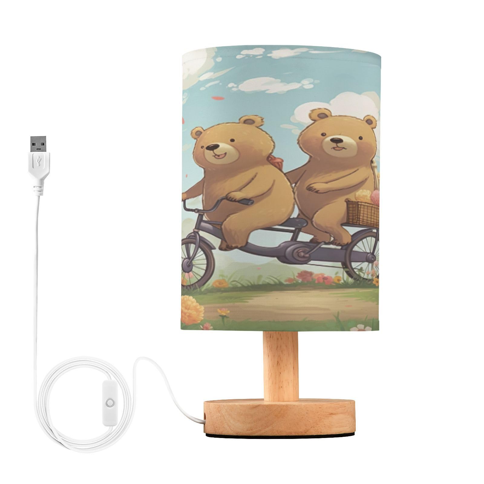 SDMKA Cartoon Bears Bedside Table Lamp for Bedroom, Minimalist Nightstand Lamp with Round Fabric Shade for Living Room, Office, No Bulb Required