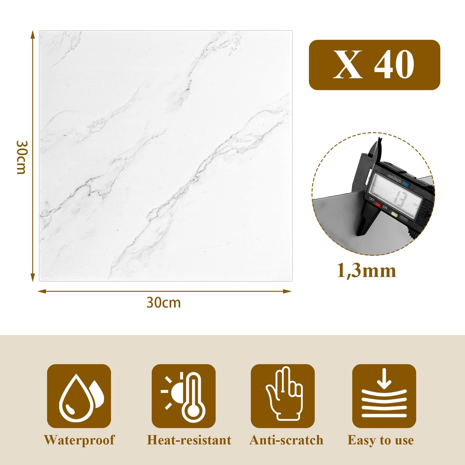 CYEER 40 rivestimenti per pavimenti in PVC, autoadesivi, 30 x 30 cm, in vinile, effetto marmo, bianco, impermeabili, per bagno, cucina e corridoio, set di ristrutturazione fai da te per circa 3,6 m²
