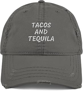 Tacos and Tequila Hat Distressed Hat - Amusing Design Charcoal Grey