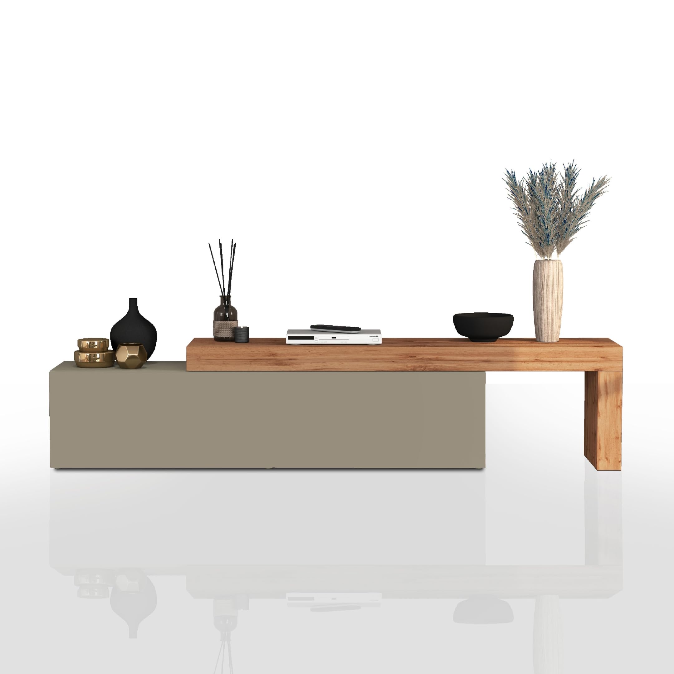 WHOUS Mobile Porta TV CHRONOS per Soggiorno con 1 Anta a Ribalta, Mobile Tv Regolabile per Salotto in Legno, 190/350x40x51 cm, Tortora Opaco e Rovere