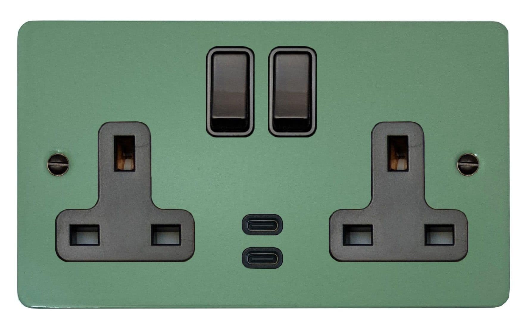 G&H Brassware Green G&H Fsg913b Flat Plate Sage 2 Gang Double 13A Plug Socket Dual 4.2A Usb C