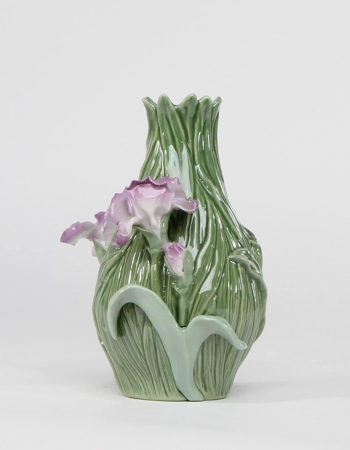Fine Elegant Porcelain Iris Flowers with Green Leaves Vase, 5-5/8" H