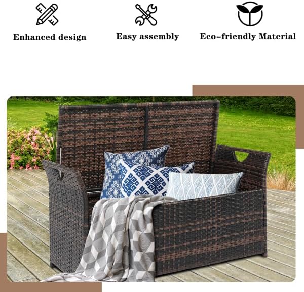 34 Gallon Outdoor Wicker Rattan Storage Bench Deck Box with High Density Foam Seat Cushion for 2 Persons Seating, Patio Garden Yard Poolside Porch Furniture (Brown)