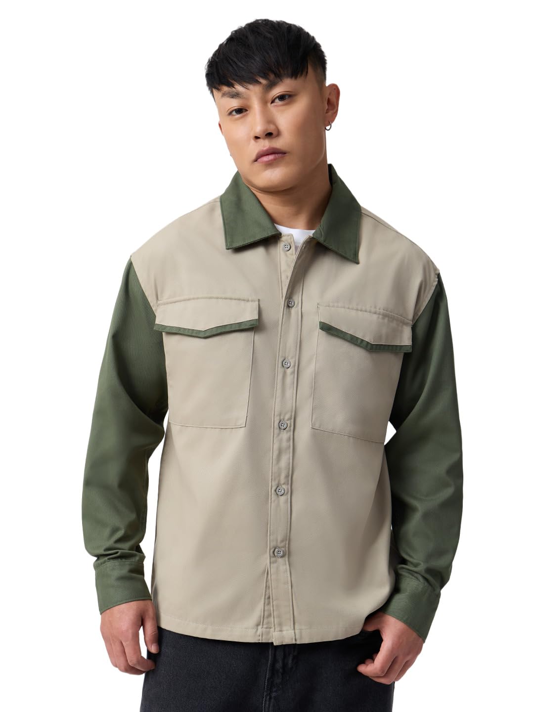 the souled store Colourblock Shacket: Olive Men and Boys Full Sleeves Spread Collar Beige and Green Solid Cotton Casual Lightweight Drop Shoulder Streetwear Trendy Utility Pockets Oversized Shackets-picture-53