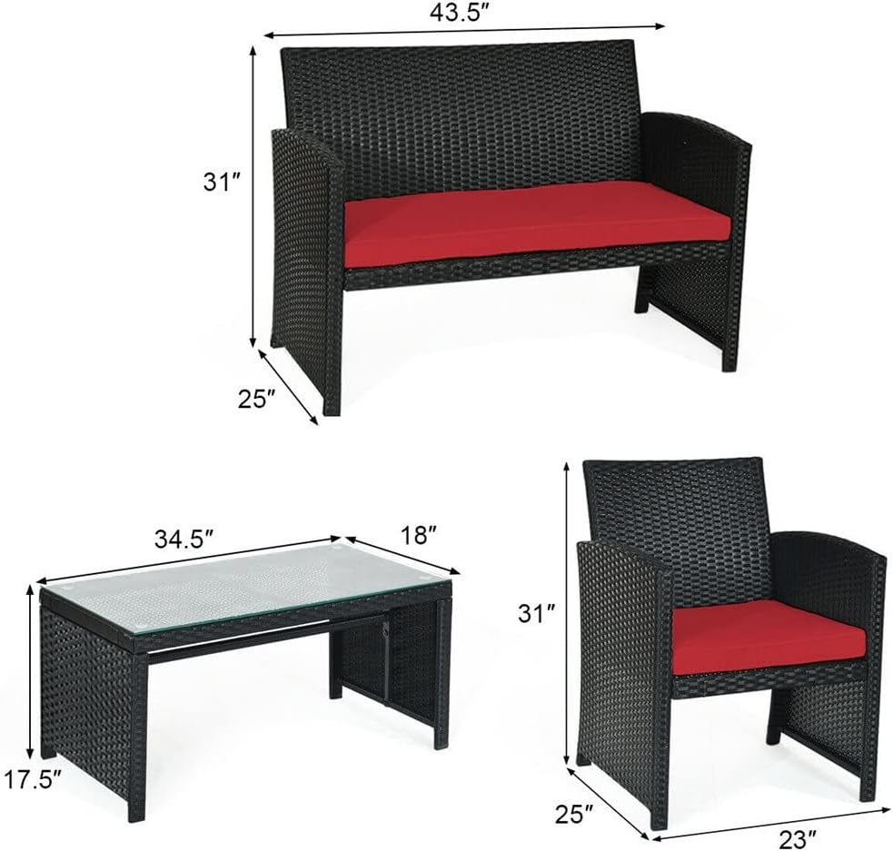 4PCS Patio Rattan Furniture Conversation Set Cushion Sofa Table Garden Red Single Coffee