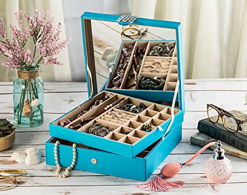 Glenor Co Jewelry Box - 28 Section Classic Organizer With Modern Buckle Closure, Large Mirror & 2 Trays For Women Teens And Girls - Holder For Earring Ring Necklace Bracelet & Watch -Pu Leather - Blue #TOP1