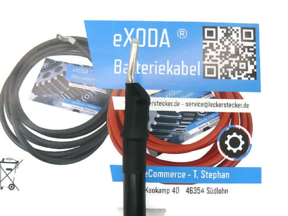 eXODA set di cavi batteria 35 mm² 75cm rosso nero con incisione M8 per 12V | Cavo batteria, 35 mm², 75 cm, rosso e nero, guaina termorestringente, 12V, occhiali M8, resistente al calore, versatile.