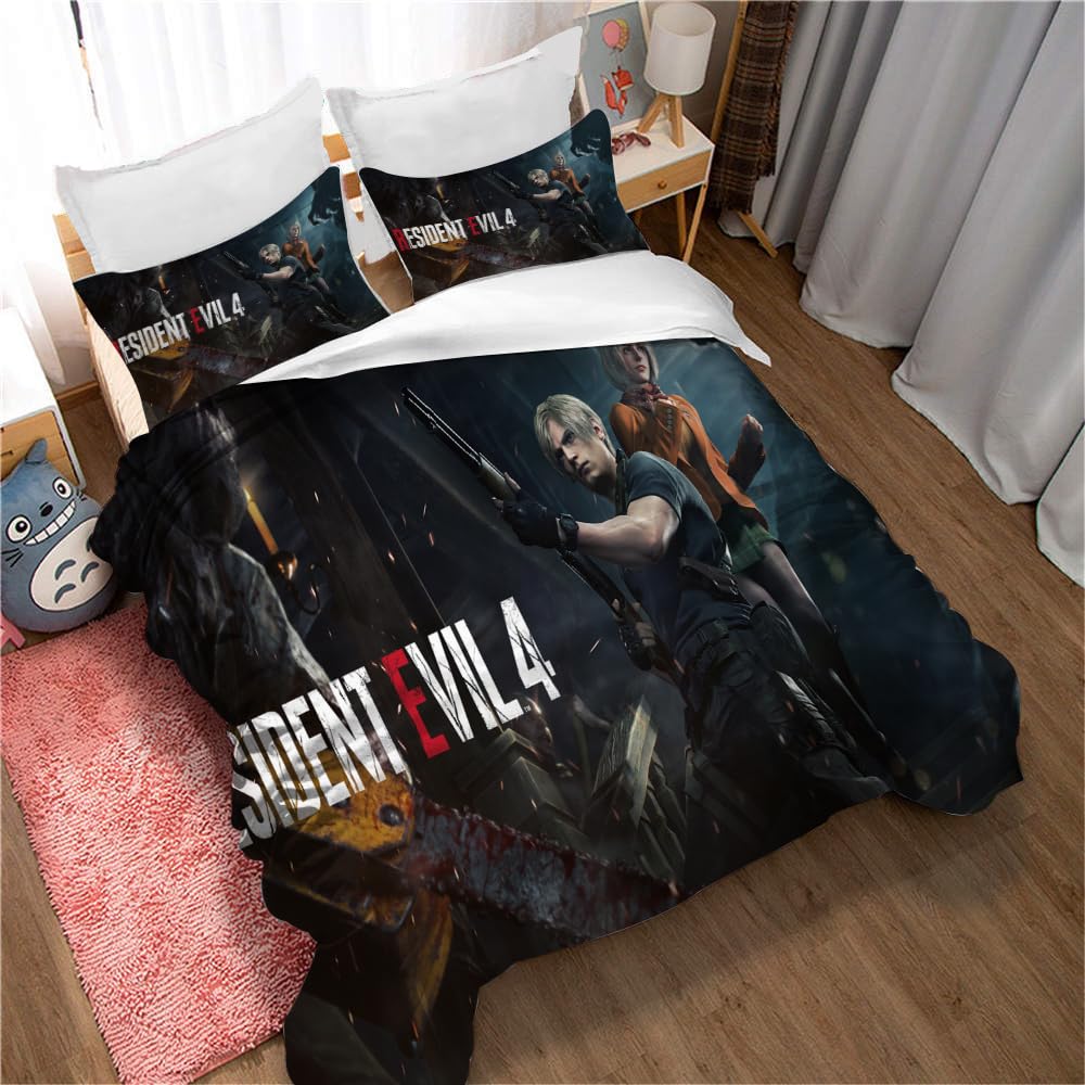 Ste-X Resident Evil 04 Cotton Pure Resident Evil Bedskirt Set Thickened Bed Sheet Quilt Cover 3Pc Bedding (135X200cm(Single),)