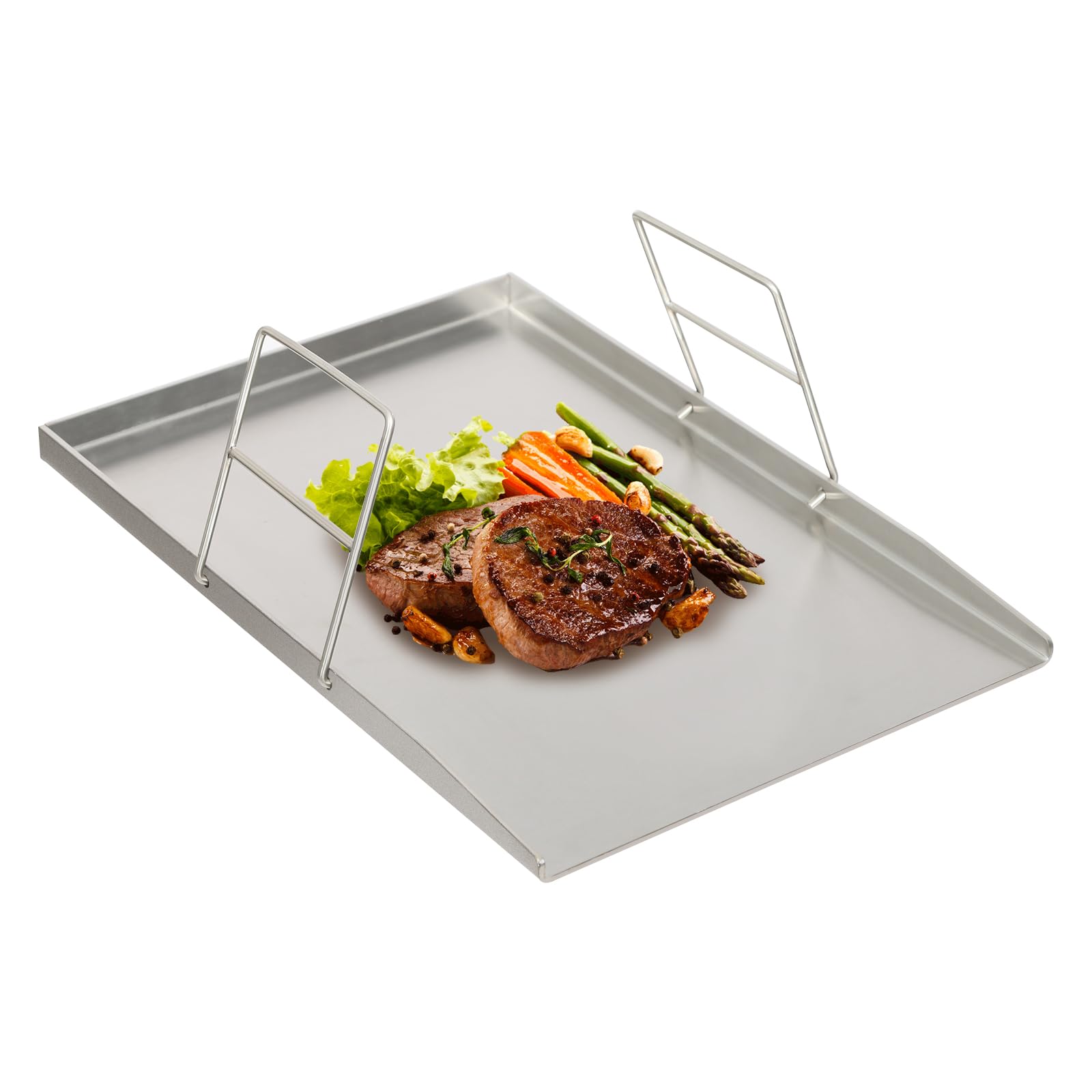 Grillplatte aus Edelstahl, Grill Plate Universal BBQ Grill Tray mit 2 Praktische Griffe, für den Einsatz beim Grillen Camping Wandern Party, Silber (49x32.5cm)