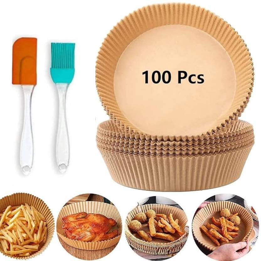 Image of Marve Airfryer Papers Disposable, 100PCS Non-Stick Parchment Paper, Air Fryer Liners for 5-8QT Air Fryer, Baking, Roasting Microwave (8 Inch Square) (Round Fryer with Brush)