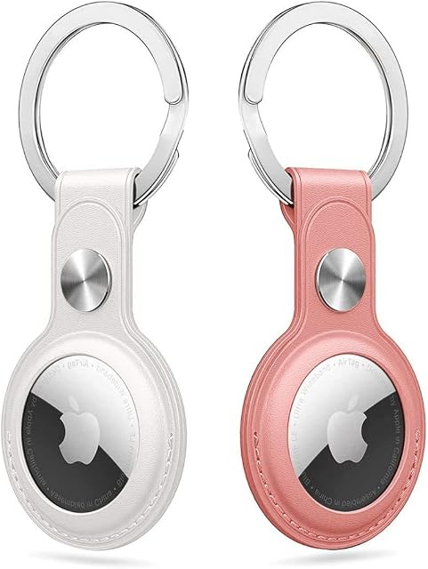 2 Pack Premium PU Leather Case Cover for Airtags | Secure-Fit, Anti-Fall, Water & Scratch Resistant | AirTag Keyring, AirTag Holder & Keychain for AirTags | Lightweight, Improved Design (Pink+White)