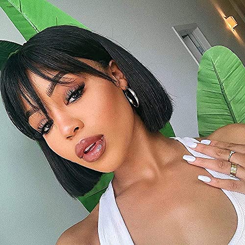 Short Bob Human Hair Wigs with Bangs None Lace Front Wigs Brazlian Straight Hair Machine Made Bob Wig for Black Women Natural color (10 Inch)