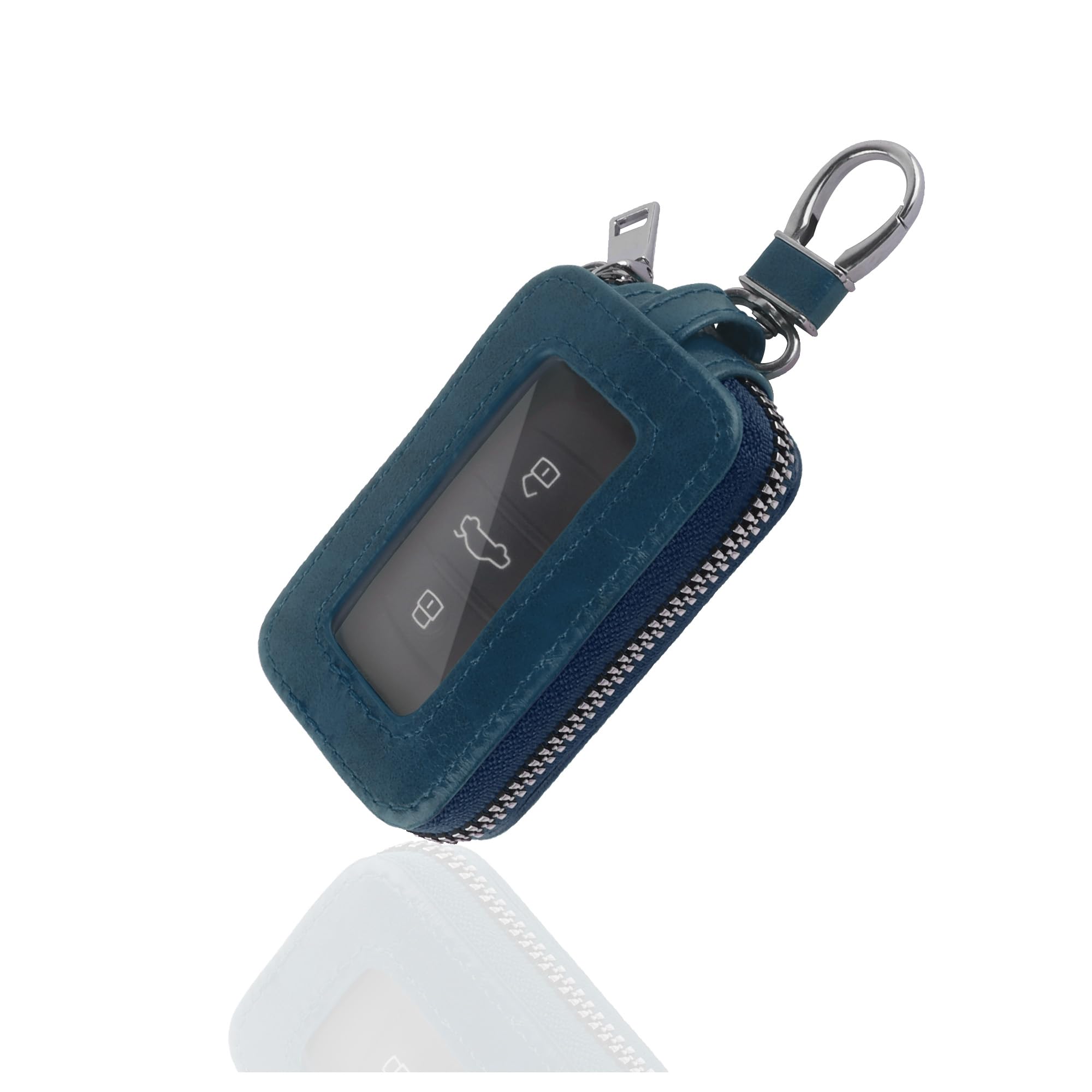 Turcee Car Key Cover,Leather Key Fob Case with Keychain & Carabiner,Universal Smart Key Fob Holder Fits Most Cars (Blue)