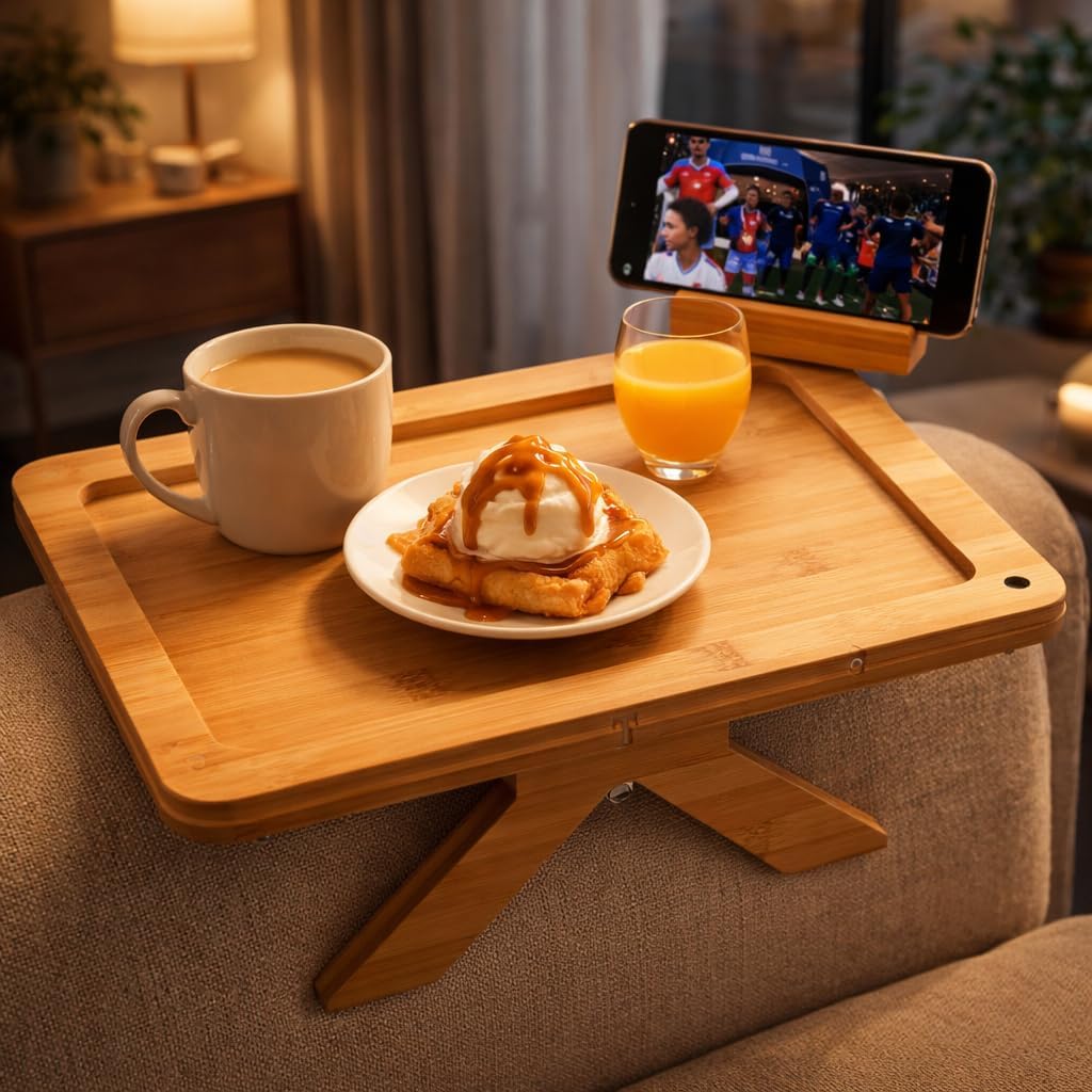 Couch Arm Tray Table with Adjustable Legs – Bamboo Sofa Arm Tray with Removable Phone Holder & Non-Slip Mat – Couch Armrest Table for Drinks, Snacks & Remote – Fits Sofa Arms up to 8.8"