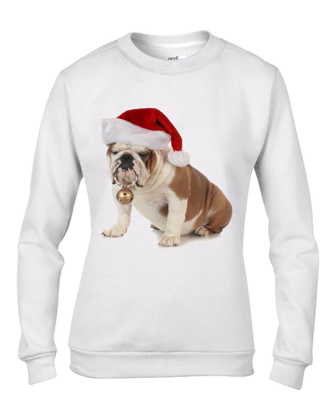 Tribal T-Shirts Bulldog With Santa Claus Hat Christmas Women's Jumper Sweater (XL - White)