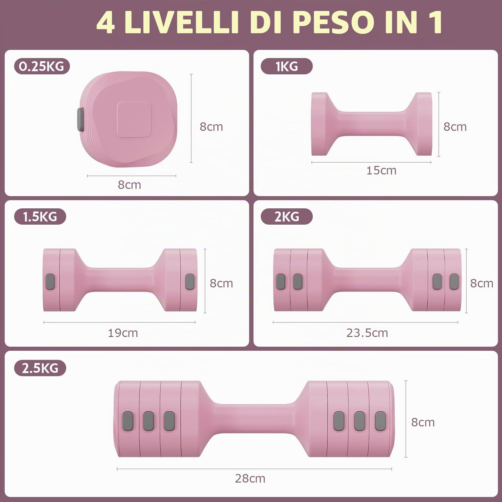 Set di 2 manubri regolabili 2 in 1, per donne e uomini, 4 livelli di peso con adattatore kettlebell, set di manubri per casa (Rosa)