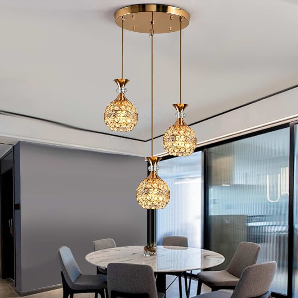 Luminária Pendente de Cristal LED Luxo Dourado com Altura Ajustável | Lustre para Sala de Jantar, Escada, Ilha de Cozinha, Corredor, Quarto e Varanda (3 Luzes)