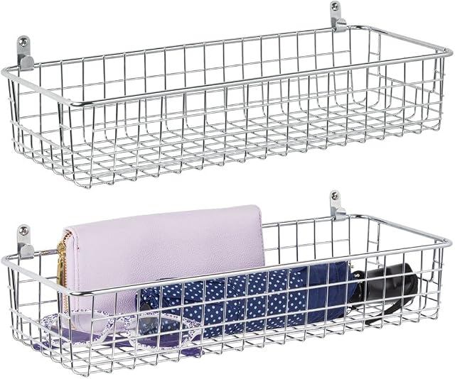 mDesign Set of 2 Hanging Storage Basket  Wall-Mounted Metal Wire Basket Set  Multi-Purpose Organiser Tray for Household Items  Chrome