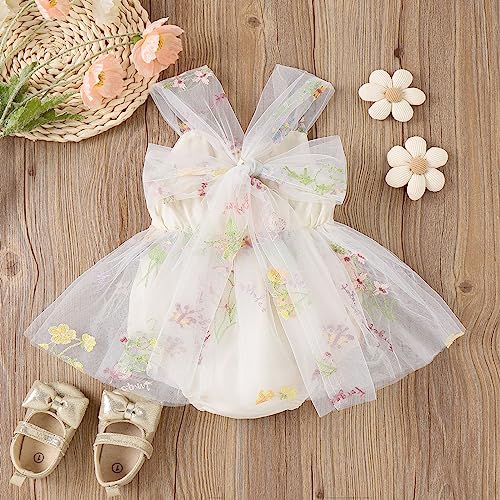 ODASDO Infant Baby Girl Tulle Romper Flower Embroidery Princess Bodysuit with Headband Birthday Party Cake Smash Outfit3