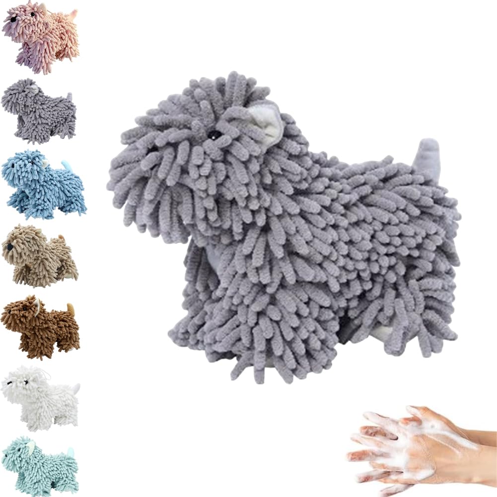 Aodejoy Chenille Hand Towel, Dog Chenille Plush Towel Balls, Soft Absorbent Microfiber Hand Towels, Cute Cartoon Fluffy Cleaning Cloth for Bathroom Kitchen Sink Countertop, Gift for Dog Lovers (Grey)