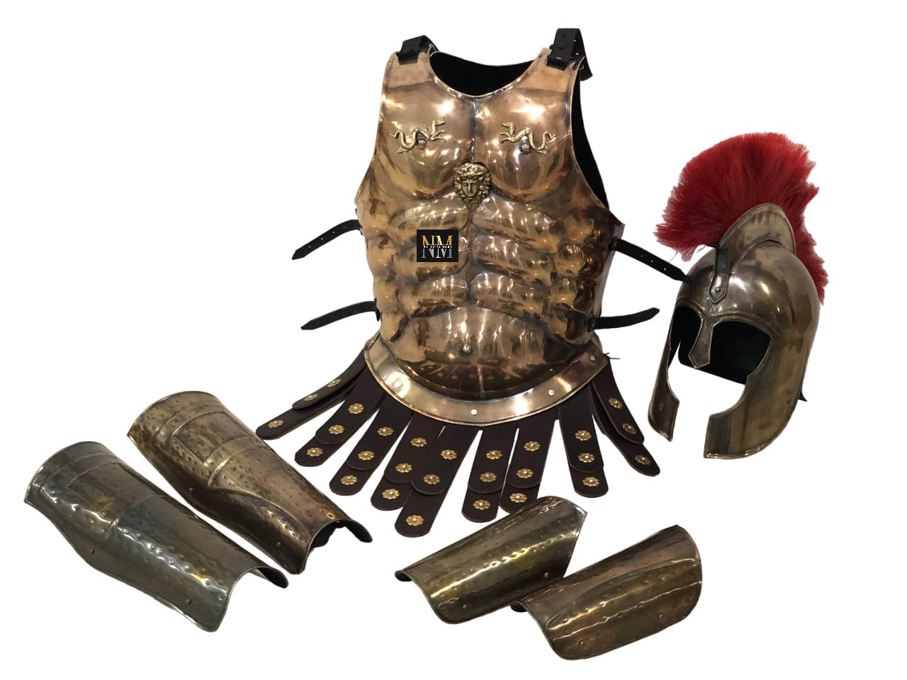Medieval Roman King Achilles Troy Helmet W/Red Plume + Muscle Armor + Leg Or Arm Guard Halloween
