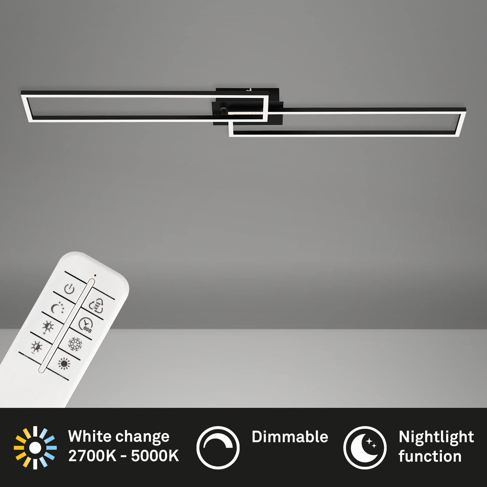BRILONER - LED Deckenlampe mit Fernbedienung, dimmbar, einstellbar von warmweiß bis neutralweiß, LED Lampe, Deckenleuchte, Wohnzimmerlampe, Schlafzimmerlampe, Küchenlampe, 110x24,8x7,8 cm, Schwarz