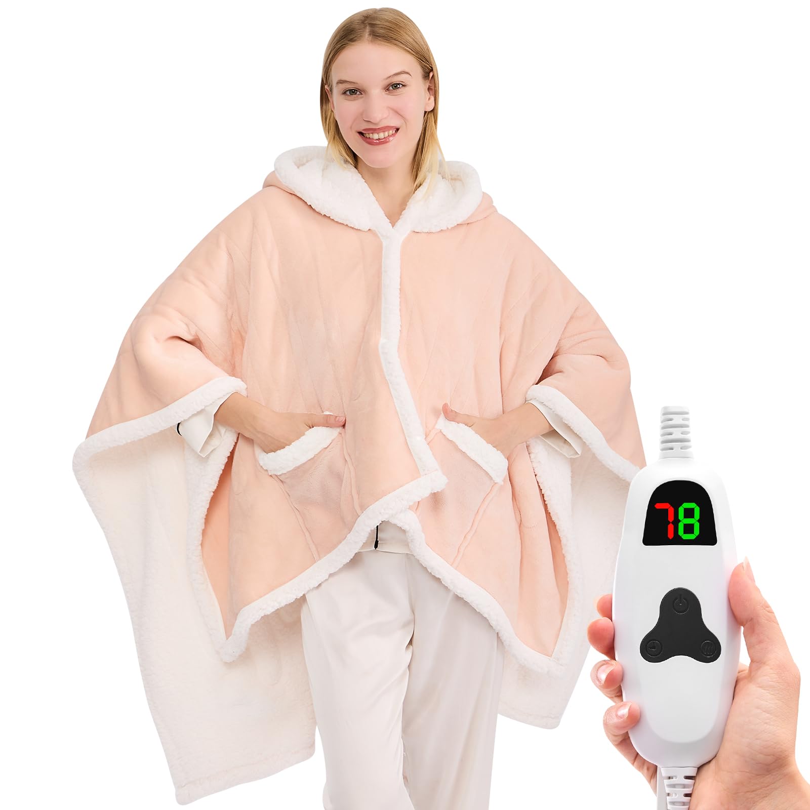 Wearable Heated Throw Blanket Electric Shawl ,Christmas Birthday Gifts for Grandma,Gift for Mom and Elderly Women,Heated Robe Poncho Blanket Hoodie for Adult, 5-Position Timer 10-Heating Levels,Pink