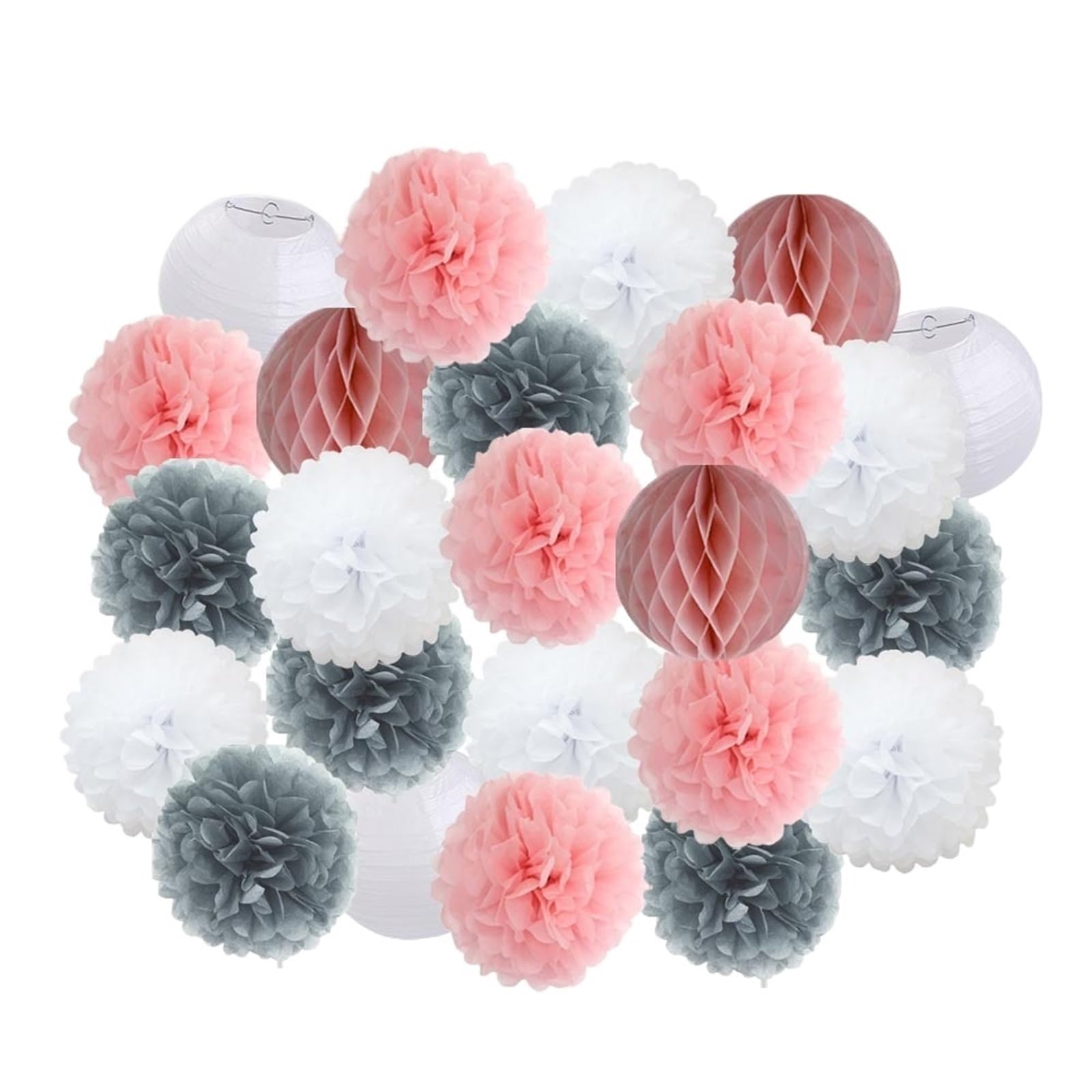 Paper Lanterns Boy Girl Birthday Party Favor Pink White Set Round Paper Ball Lantern Folding Baptism Wedding Decor Pompom(Gray Pink Set,8inch(20cm))