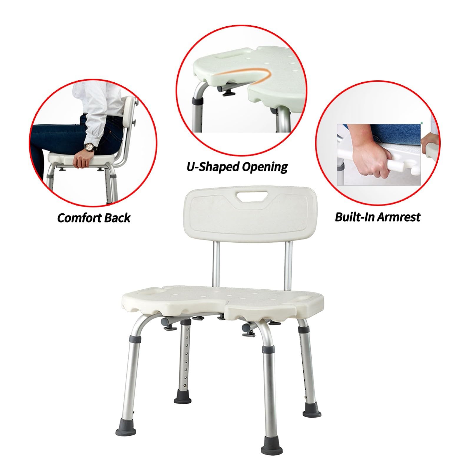 Silla De Ducha para Ancianos, Taburete De Ducha De Aluminio Antideslizante Regulable En Altura con Respaldo Y Reposabrazos, Asiento De Ducha para Ancianos Y Discapacitados, 136 Kg