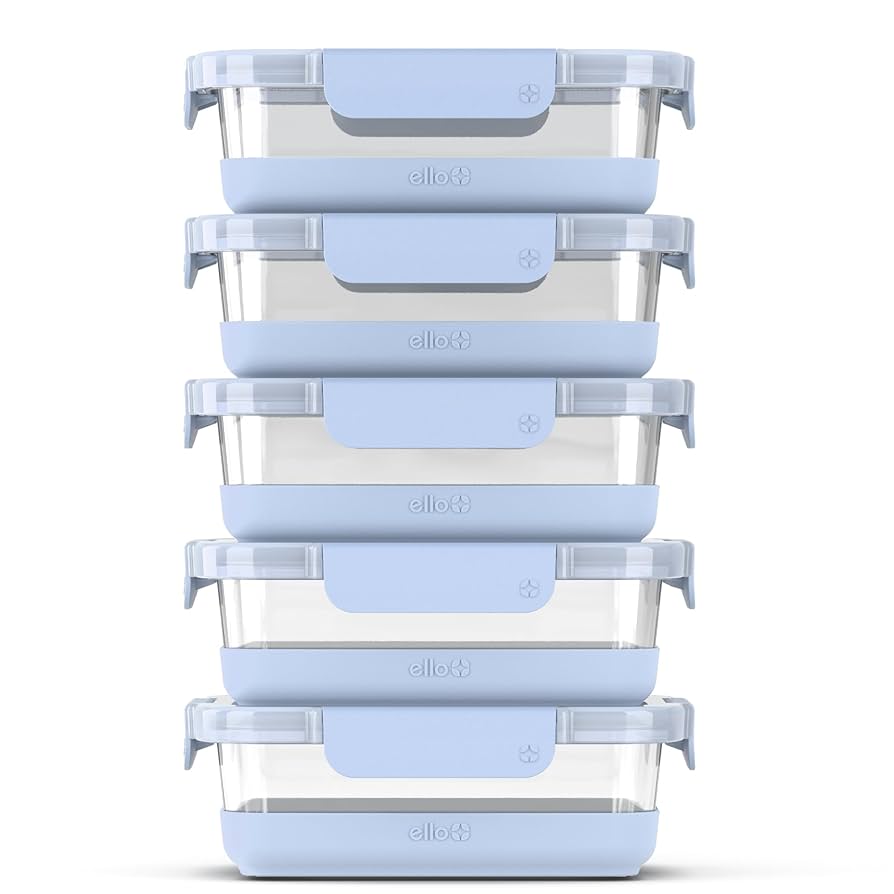 Ello Duraglass 3.4 Cup Meal Prep Sets 10Pc, 5 Pack Set- Glass Food Storage Container with Silicone Boot and Airtight BPA-Free Plastic Lids, Dishwasher, Microwave, and Freezer Safe, Halogen Blue